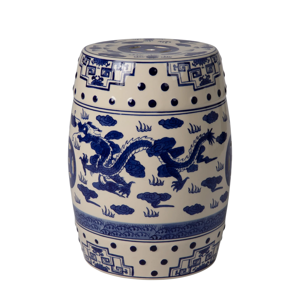 Double-Medallion Dragon-Embellished Ceramic Indoor/Outdoor Garden Stool/Table in Blue & White Balkene Home